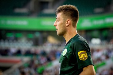 Wolfsburg, Almanya, 11 Ağustos 2018: Robin Knoche Wolfsburg Volkswagen Arena'da bir futbol maçı sırasında. Michele Morrone tarafindan fotograf.