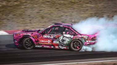 Oschersleben, Almanya, 31 Ağustos 2019: Motorsport Arena'da Drift Kings Avrupa Turu 6 Almanya sırasında Nissan Silvia S14 Supercharged Lsx 376 sürüş Karolina Pilarczyk.