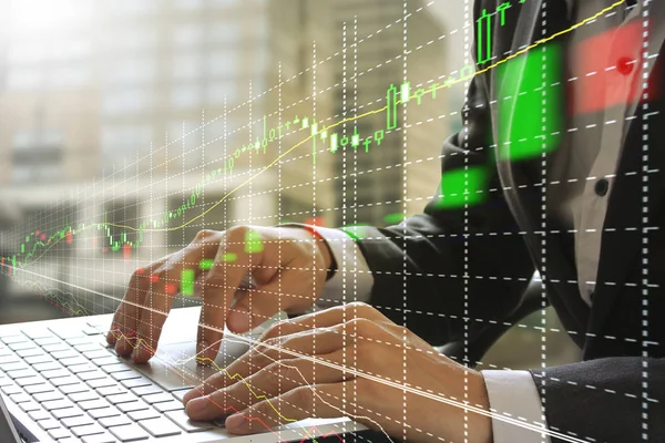 Double Exposure Businessman Using Laptop Stock Market Financial Graph Financial — Stock Photo, Image