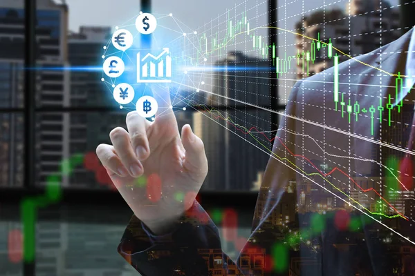 Doppelbelichtung Des Geschäftsmannes Touch Virtuelle Währung Mit Börse Oder Finanzdiagramm — Stockfoto