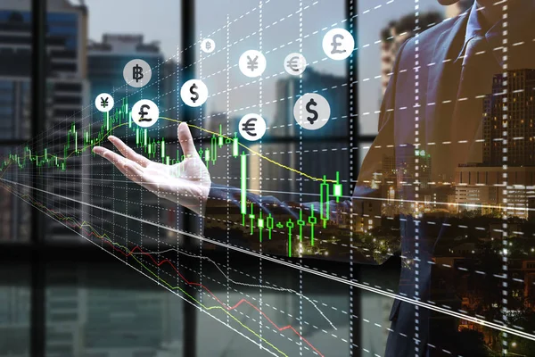 Doppelbelichtung Geschäftsmann Und Börse Oder Forex Graph Geeignet Für Finanzinvestitionskonzept — Stockfoto