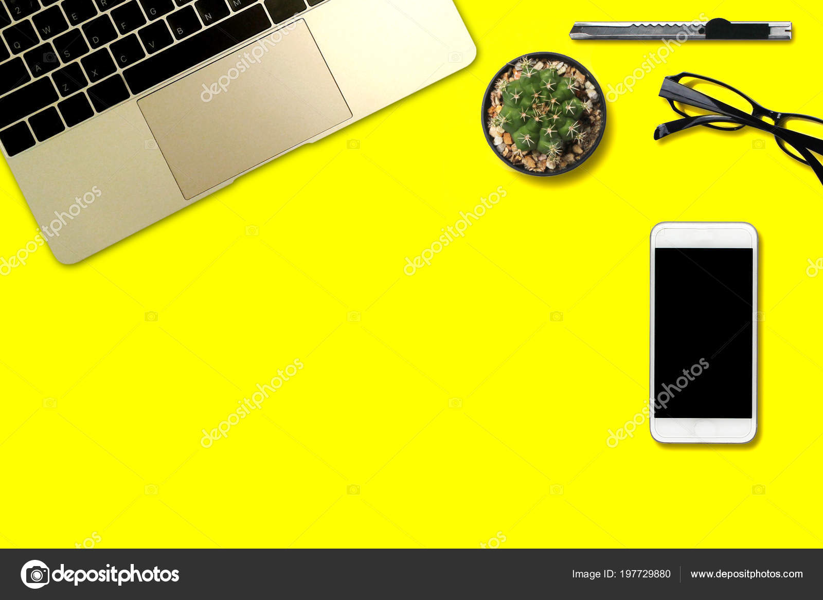 Top View Yellow Desk Accessories Stock Photo C Achirathep Gmail