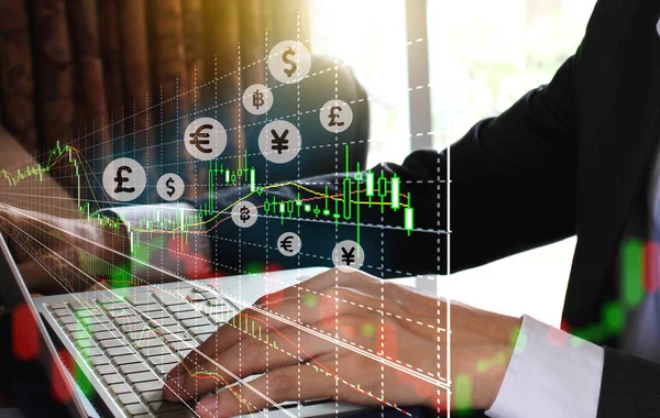 Doppelbelichtung Geschäftsmann Mit Dem Laptop Und Börse Oder Forex Graph — Stockfoto