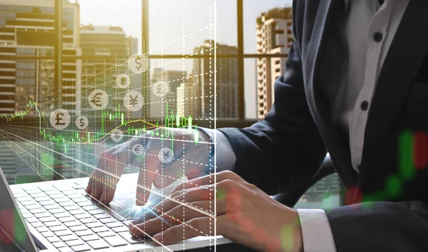 Double Exposure Businessman Using Laptop Stock Market Forex Graph Suitable — Stock Photo, Image