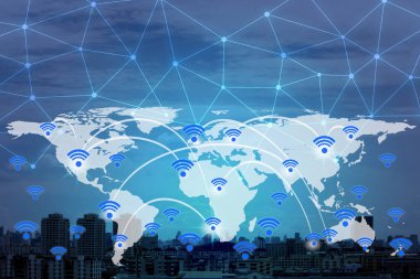 WiFi simgeler ve cityscape ağı, küresel iş kavramı Internet.