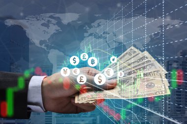 Dolar ve borsa veya mali grafik işadamı çift pozlama ödemek ABD finansal yatırım kavramı için.