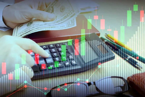 Double Exposure Hand Use Calculator Stock Market Financial Graph Financial — Stock Photo, Image