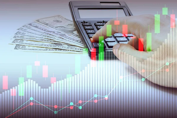 Doble Exposición Calculadora Uso Manual Dólar Dinero Bolsa Gráfico Financiero —  Fotos de Stock