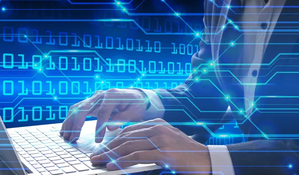 Podnikatel Ruku Používat Přenosný Počítač Digitální Technologií Cyber Security Data — Stock fotografie