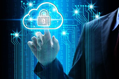 Teknolojik altyapı, siber güvenlik veri koruma iş teknoloji gizlilik kavramı ile işadamı dokunmatik asma kilit sanal para biriminin çift pozlama.