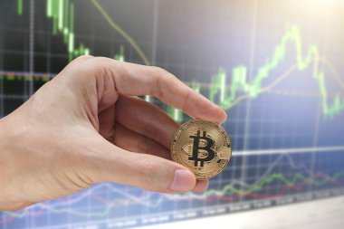 El bitcoin borsa veya mali grafik için finansal yatırım kavramı ile tutarak.