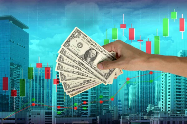 Kezében Fizetni Usa Dollár Városkép Tőzsdei Vagy Pénzügyi Grafikon Pénzügyi — Stock Fotó
