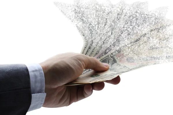 Doları Kağıt Para Elinde Dolar Harcama Dağılım Yayılmasını — Stok fotoğraf