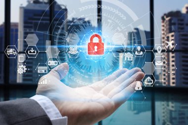 Asma kilit simgesi teknolojisi ile sanal ekran simgeleri, iş teknolojisi gizlilik kavramı kullanarak ağ tutan işadamı el,