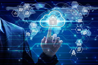 Asma kilit simgesi teknolojisi ile sanal ekran simgeleri, teknoloji kavramı kullanarak işadamı dokunmatik ağ.