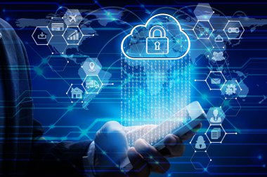 İş adamı yardıma smartphone ile asma kilit simgesi teknoloji, siber güvenlik veri koruma iş teknoloji gizlilik kavramı, küresel iş kavramı Internet