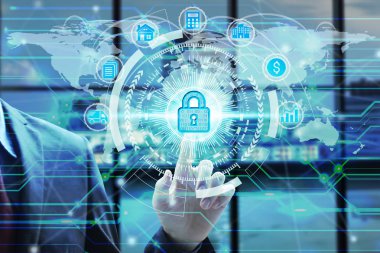 İşadamı touch sanal ekran simgeleri ile asma kilit simgesi teknolojisini kullanarak ağ iş teknoloji gizlilik kavramı, küresel iş kavramı Internet