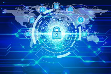 asma kilit simgesi teknoloji global iş kavramı Internet sanal ekran simgeleri, iş teknolojisi gizlilik kavramı ile