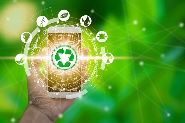 Ręka Użyć Smartphone Ikony Środowiska Pośrednictwem Połączenia Sieciowego — Zdjęcie stockowe