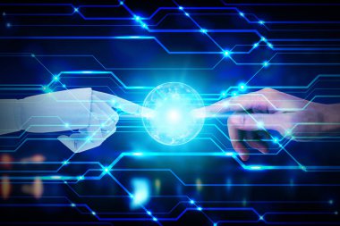 Robot ve insan elinin teknoloji arka planda, Artific dokunmadan