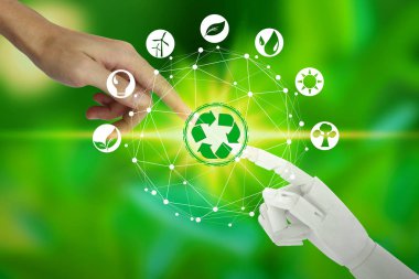 Robot ve insan eli ile sanal ortam simgeleri ov dokunmadan