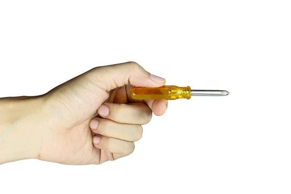 Mão segurando uma chave de fenda isolada em um fundo branco, com — Fotografia de Stock