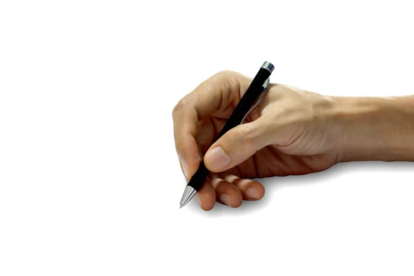 Ręka pisze długopisem na białym tle. — Zdjęcie stockowe