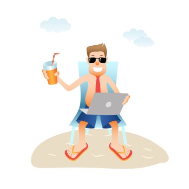 Kavramsal iş adam afiş plajda düz izole.