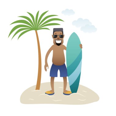 Palmiye altında duran yaz afiş adam sahilde