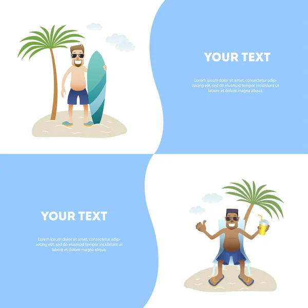 Set concepto verano banner personas en la playa, diseño plano — Vector de stock