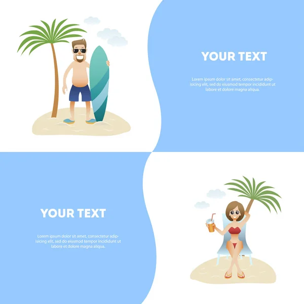 Set concepto verano banner personas en la playa, diseño plano — Vector de stock