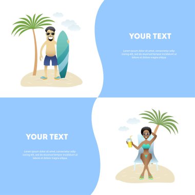 Kumsalda, düz tasarım konsepti yaz afiş insanlar koymak