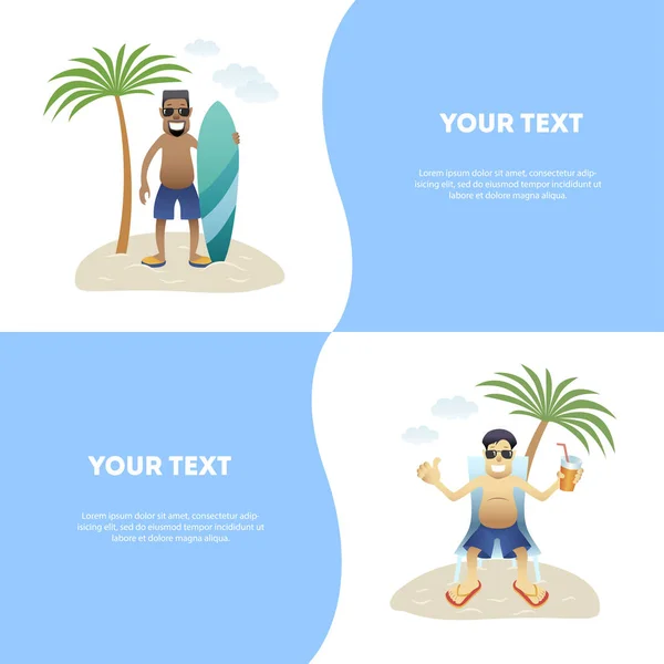 Set concepto verano banner personas en la playa, diseño plano — Vector de stock