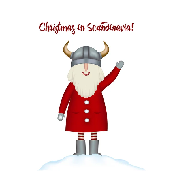 Karácsonyi kártya sablon. Mosolyogva rajzfilm boldog Santa áll hófúvás — Stock Vector