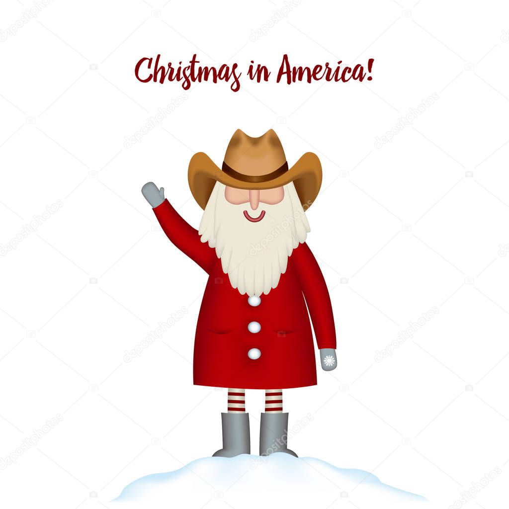 Christmas card template. Smiling cartoon happy Santa stands in snowdrift