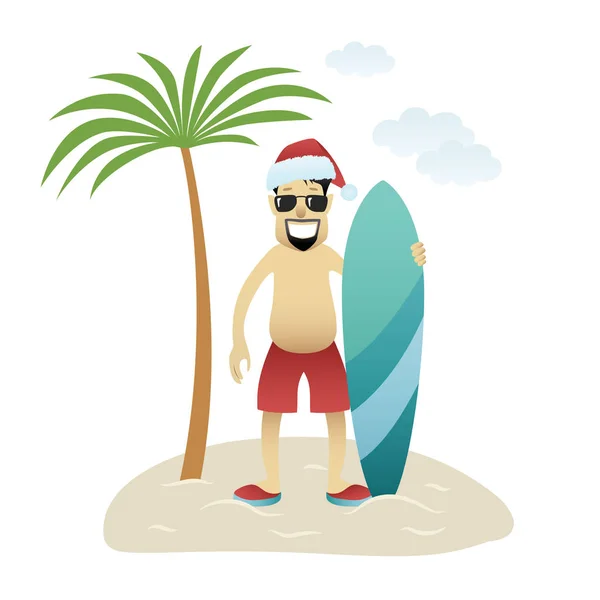 Festlig jul banner mannen på stranden står under palmträd isolerade. — Stock vektor