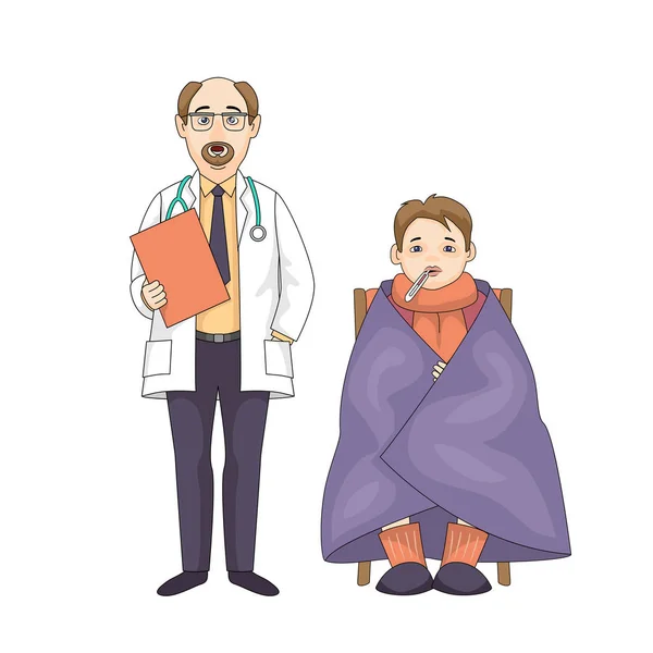 Caucasiano médico menino em cobertor com temperatura —  Vetores de Stock