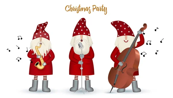 Set músico nisse Santa Claus, motivo navideño en abrigo rojo — Archivo Imágenes Vectoriales
