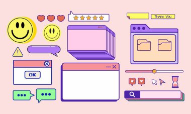 Şirin Windows açılır ögesi koleksiyon demeti illüstrasyon vektör klipsi sanat şablonu, retro, klasik bilgisayar çubuğu, gülümseme, düzenlenebilir