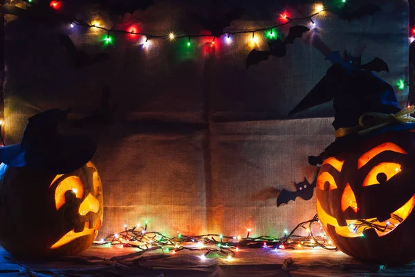Fondo Halloween Jack Linterna Guirnaldas Caras Miedo —  Fotos de Stock