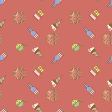 Karpuz, dondurma, şişe, Fransız kızartması, limon gibi öğeleri ile renkli sorunsuz yaz desen. Moda baskı tasarımı, vektör çizim,