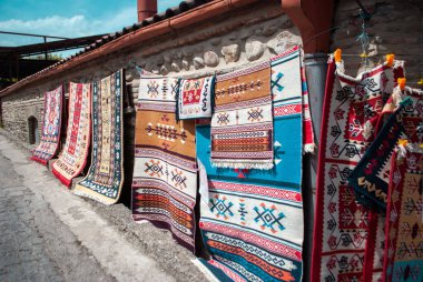 Traditional Georgian carpet hanging on sale, Carpets with geometric patterns of Georgia clipart