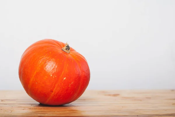 Pumpa på ett träbord mot en vit vägg, pumpa minimal, — Stockfoto