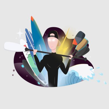 Dalgıç kıyafetli, arka planında şişme tahta olan bir adamın vektör çizimi. Paddleboard vektörü