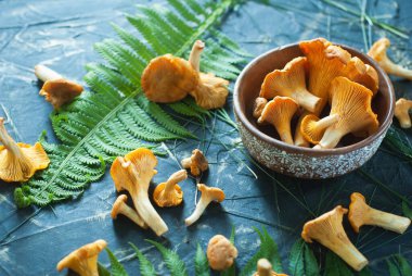 Vejetaryen yemekleri, beton bir masada taze mantarlar.,