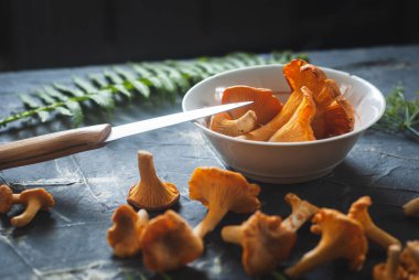 Vejetaryen yemekleri, beton bir masada taze mantarlar.