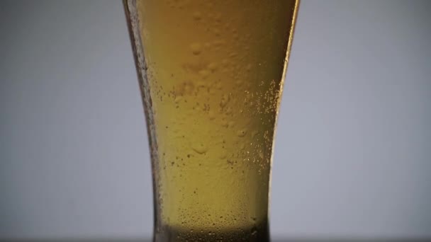 Cerrar tiro de abajo hacia arriba vaso de cerveza con espuma y burbujas — Vídeo de stock