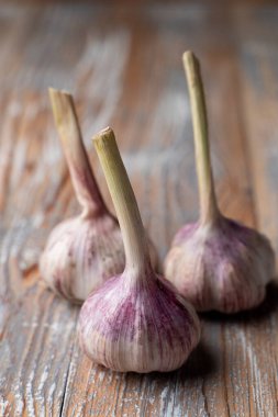 Hafif ahşap arka planda üç baş sarımsak. Yakın plan.