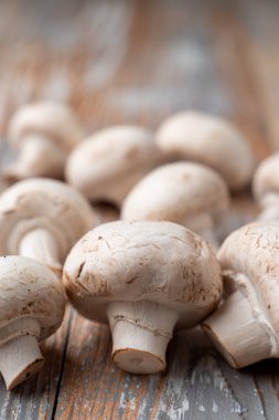 Hafif ahşap masa üzerinde bir yığın mantar, bir pazar kataloğu için yakın fotoğraf