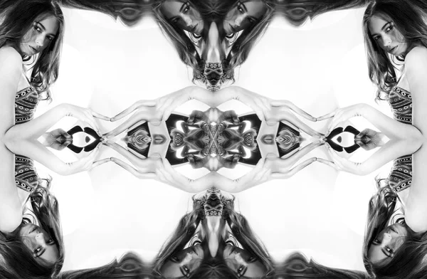 Kaleidoscope Abstract Montage Beautiful Young Woman White Background Black White — Stock Photo, Image